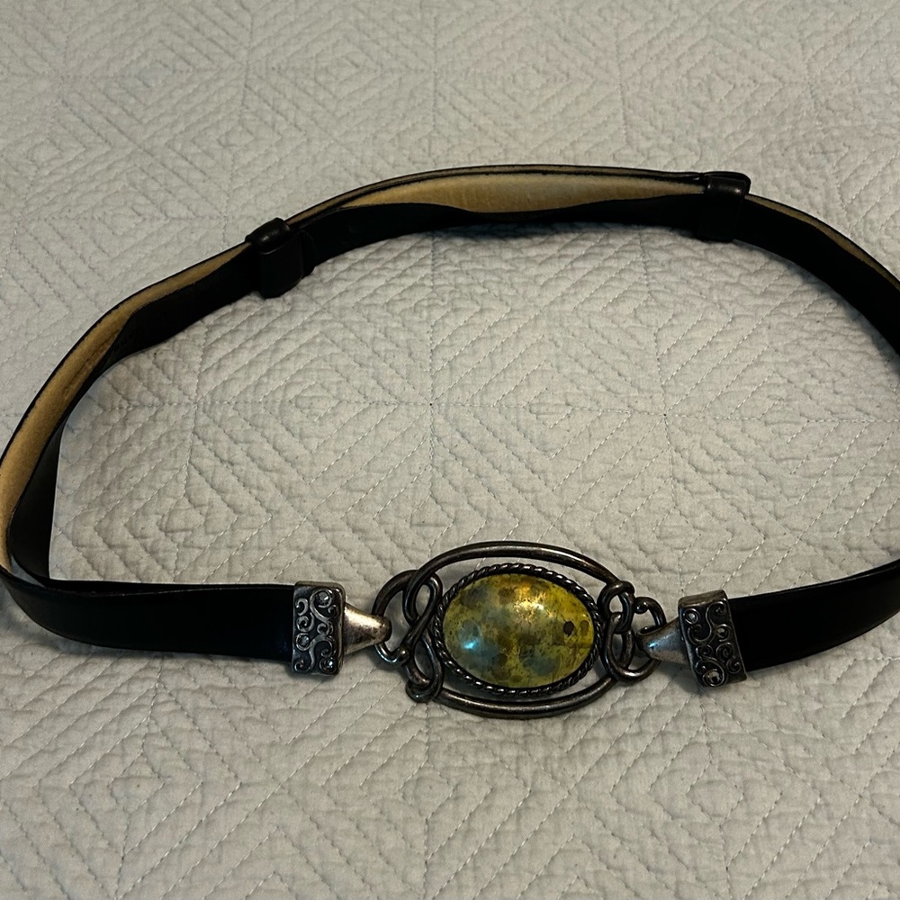 Black Leather Belt with Decorative Yellow-Green Stone Buckle